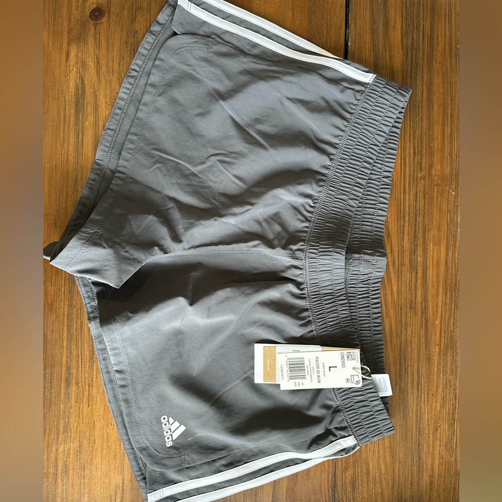 Adidas dark grey, white stripes, aero ready pacer short